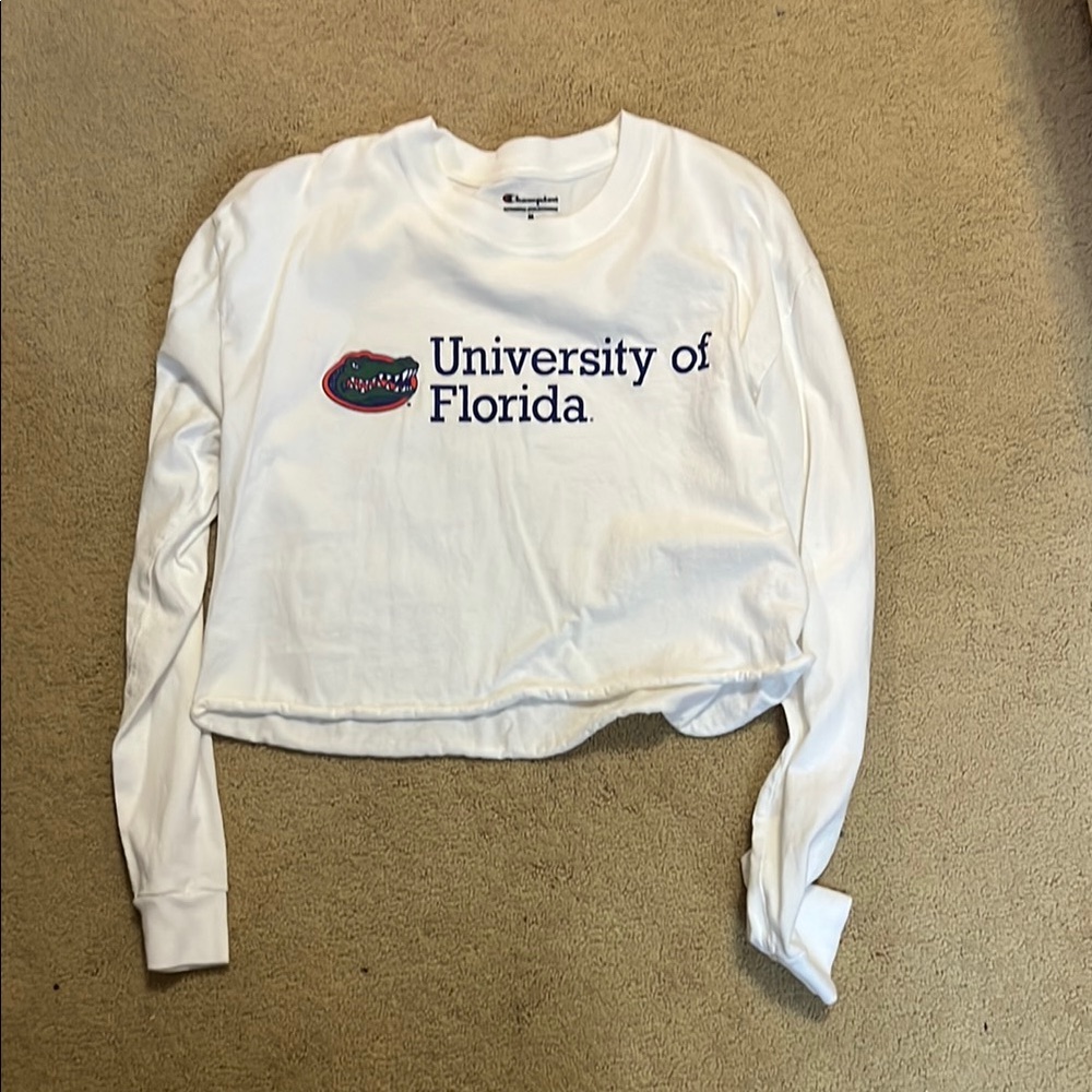 Champion White and Blue Long Sleeve Crop Sweatshirt